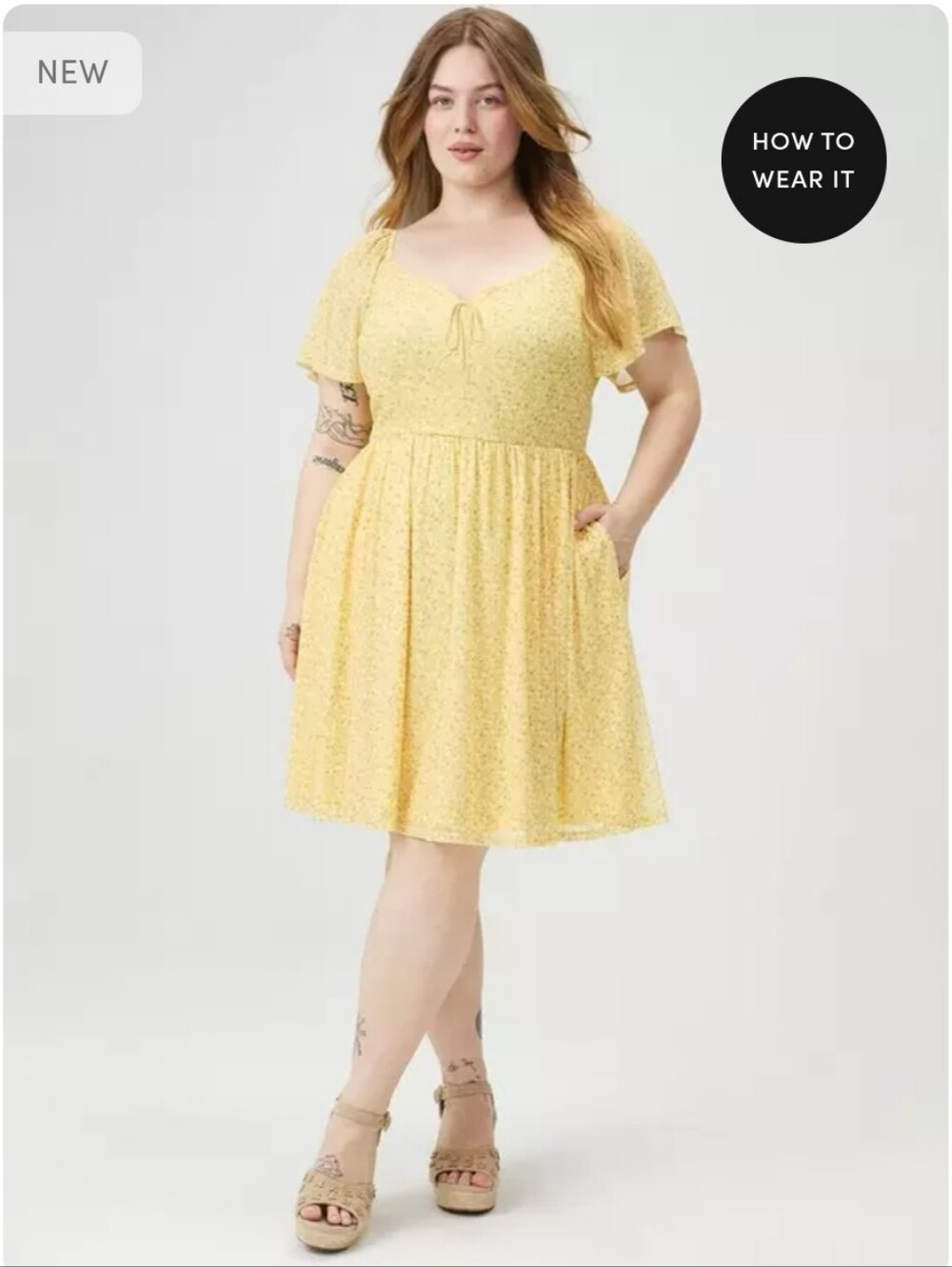 Torrid Baby Breath Floral Yellow Mesh Flutter-Sleeve  Mini Dress